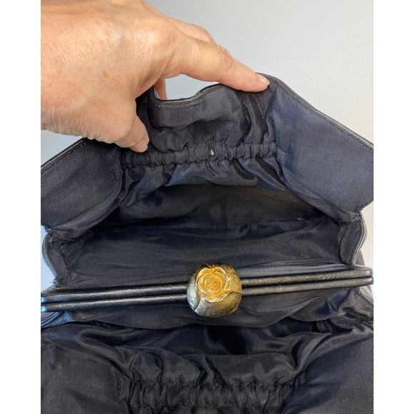 VTG 60s Ingber & Co. Black Cabretta Leather Handbag Gold Rose Clasp Retro USA - Picture 3 of 11